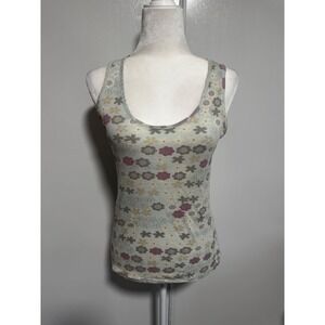 Vintage Women's Ribbed Floral Tank Top Light Blue Yellow Flower Print Size L